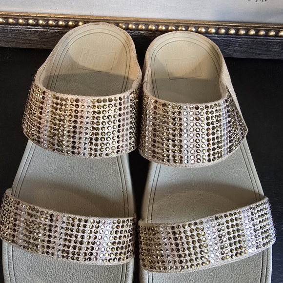 FitFlop Women's Flare Strobe Gold Toned Crystals Jewel Slide Sandals 8 - Picture 6 of 9